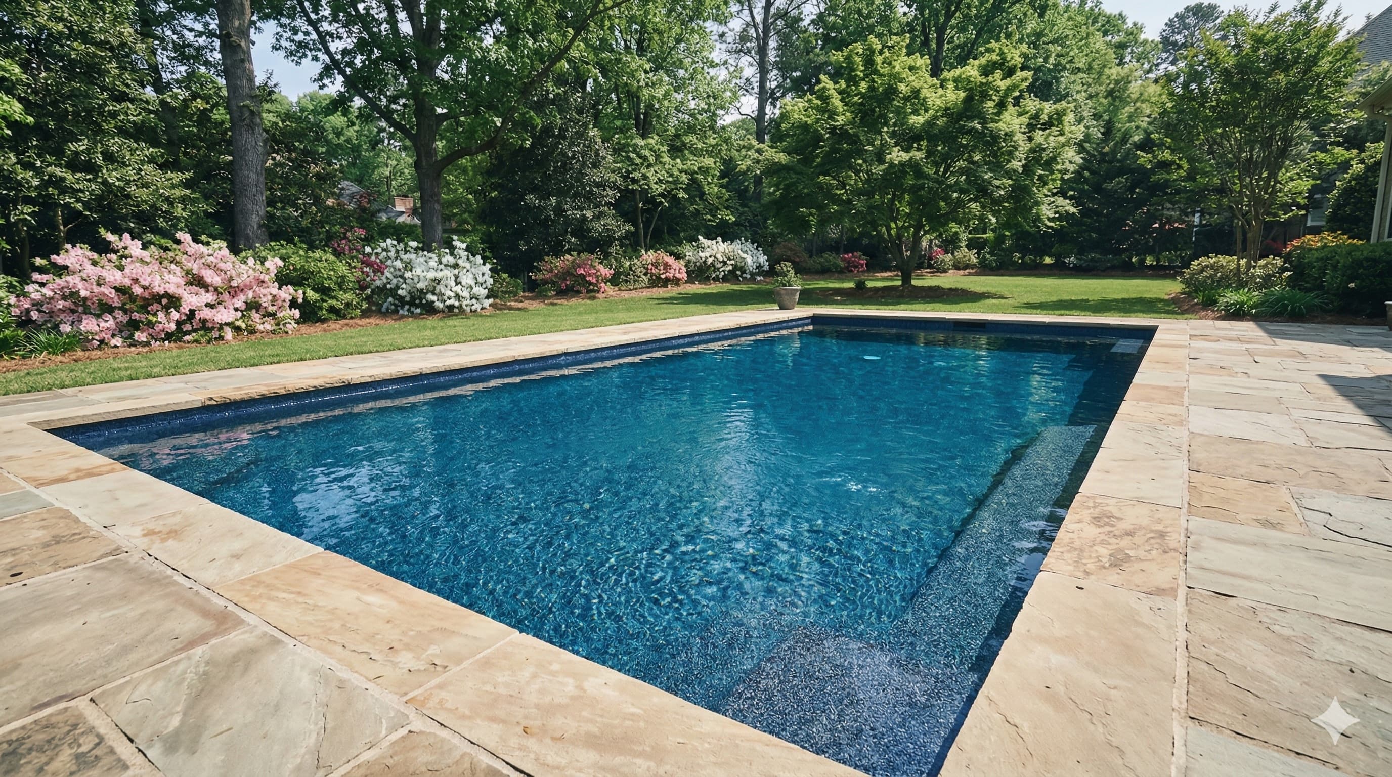 Resurfaced pool with natural stone deck and outdoor seating area
