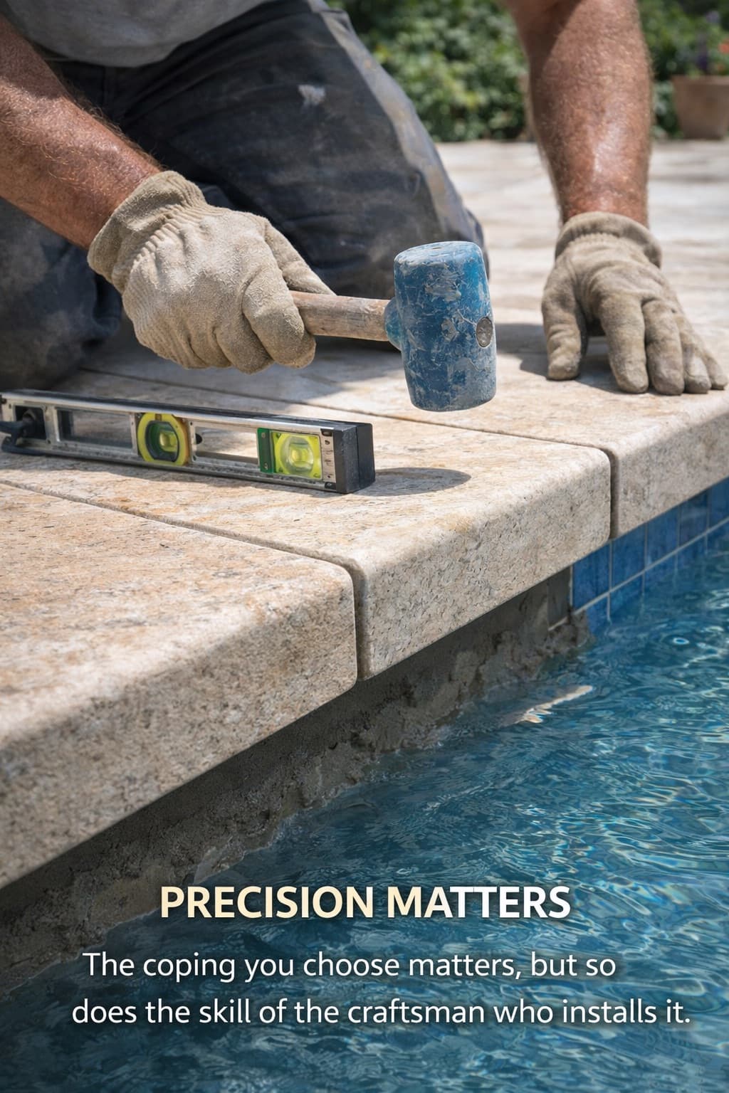 Precise coping stone installation along pool edge