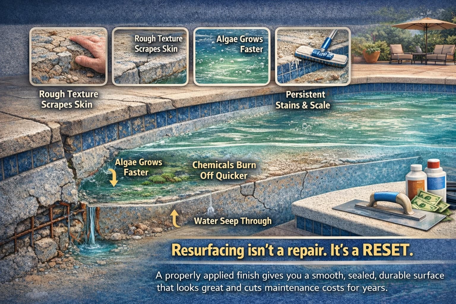 Infographic showing signs of pool surface failure: rough texture, algae growth, chemical burn-off, staining, and water seepage