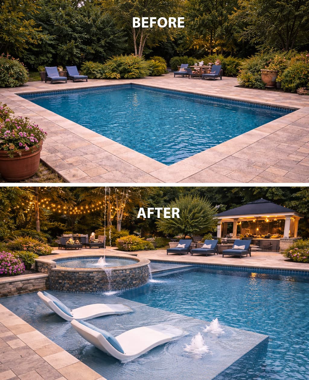 Before and after structural pool modification with spa addition and tanning ledge