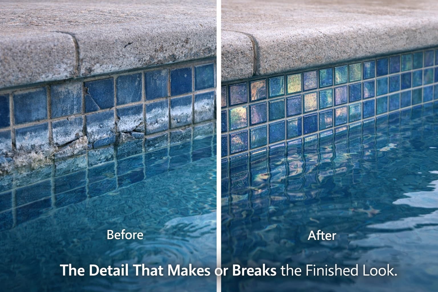 Before and after waterline tile replacement — the detail that makes or breaks the finished look