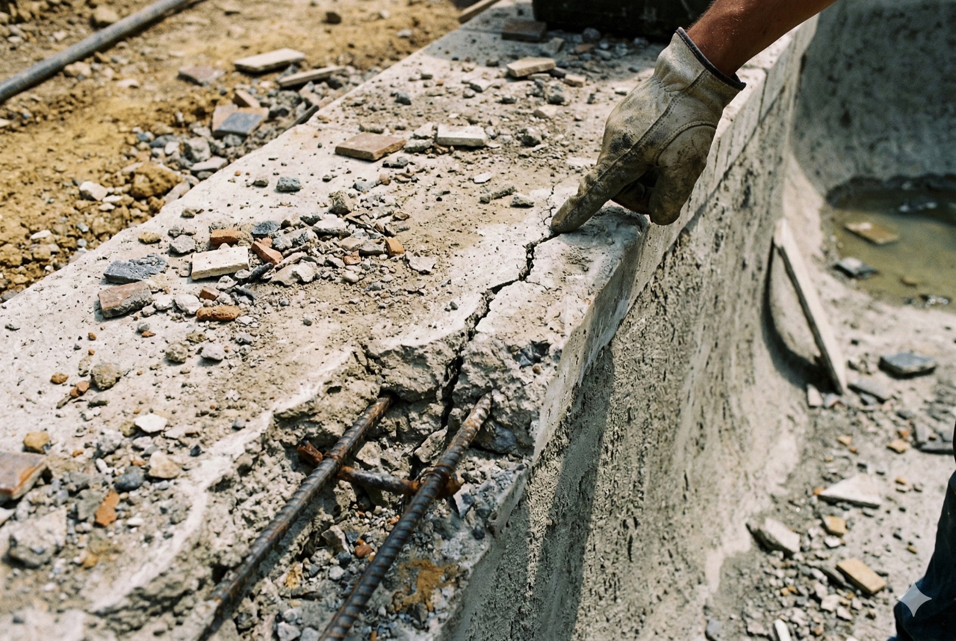 Pool bond beam with coping removed showing exposed rebar and crack being inspected