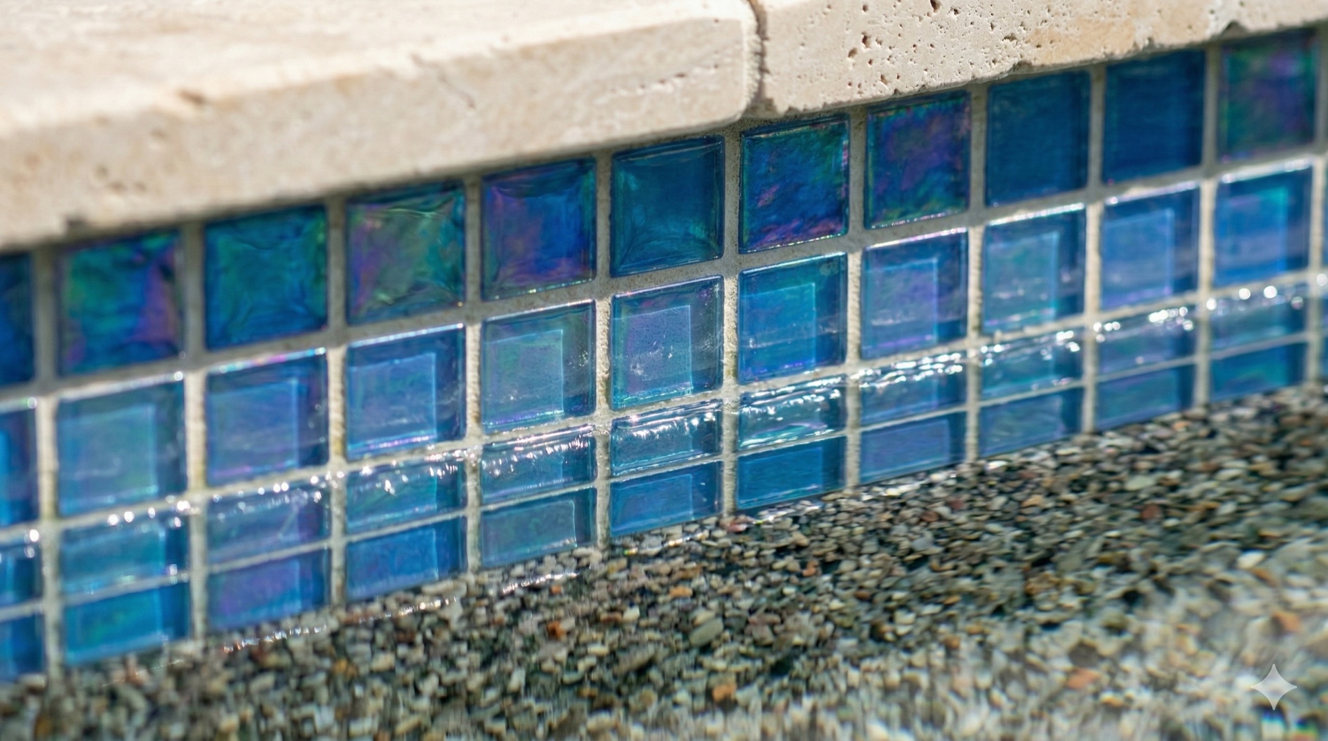 Iridescent blue glass mosaic waterline tile with travertine coping and pebble finish