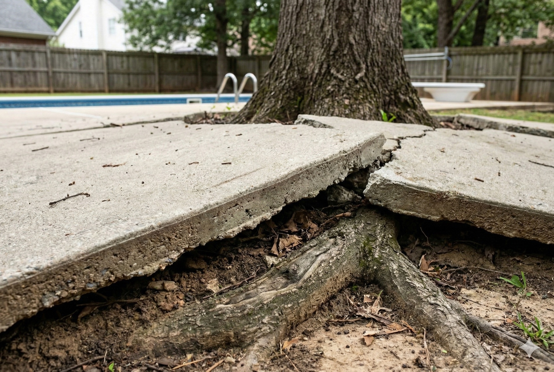 Concrete pool deck slab lifted and cracked by tree roots underneath