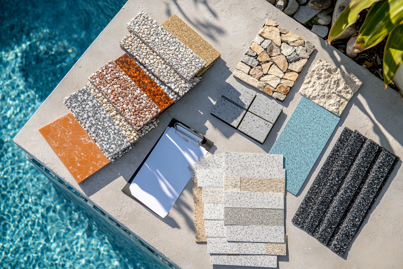 Pool finish and tile samples spread out on a pool deck during material selection consultation