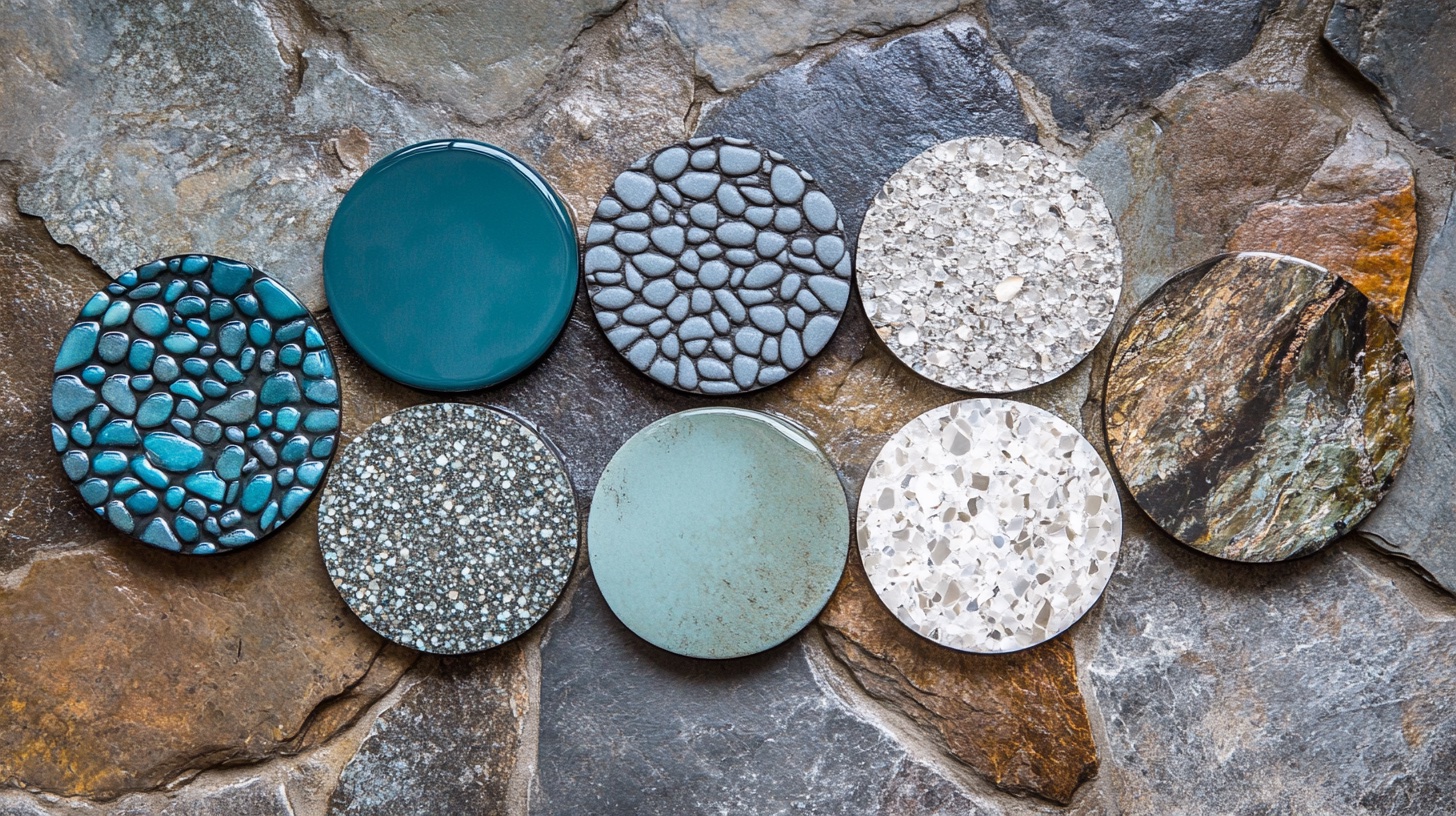 Pool finish sample discs showing pebble, quartz, and plaster texture differences
