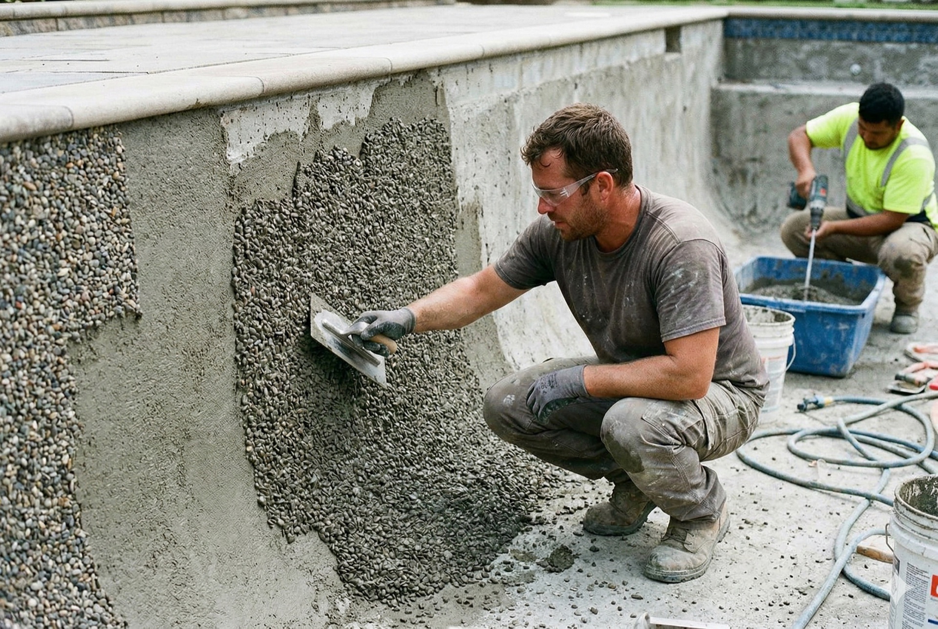 Plasterer applying pebble aggregate pool finish to a pool wall by hand using a steel trowel