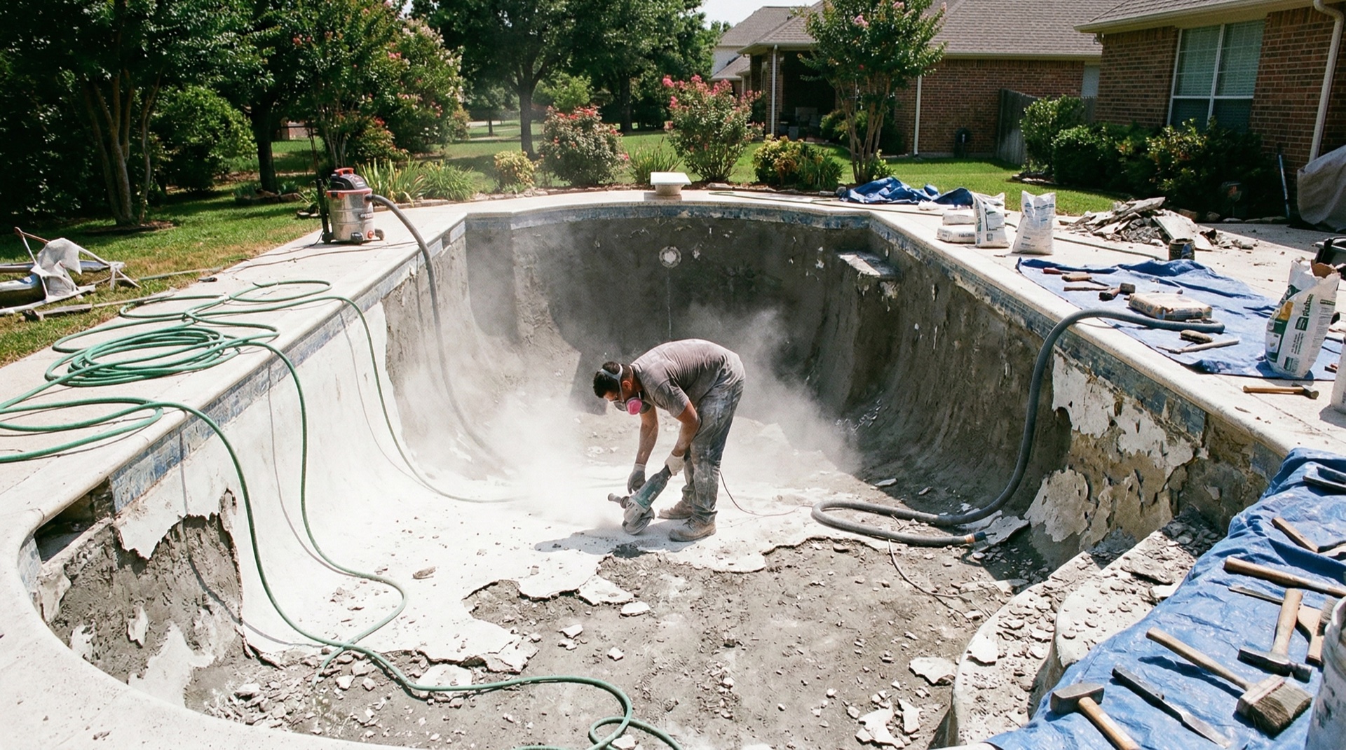 Worker grinding old plaster inside a drained residential pool during surface preparation