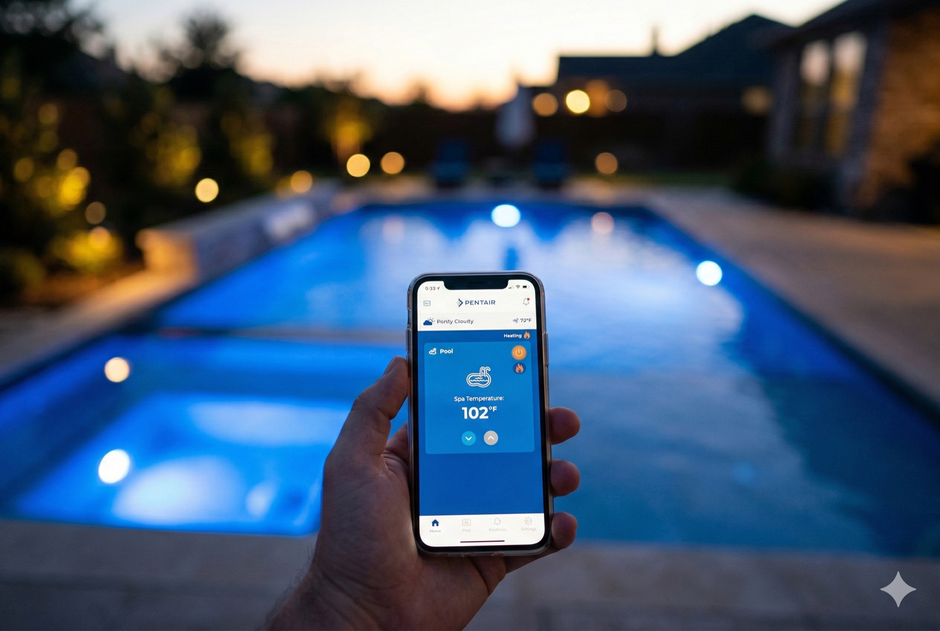Pentair Home app on smartphone showing pool and spa controls with illuminated pool at dusk