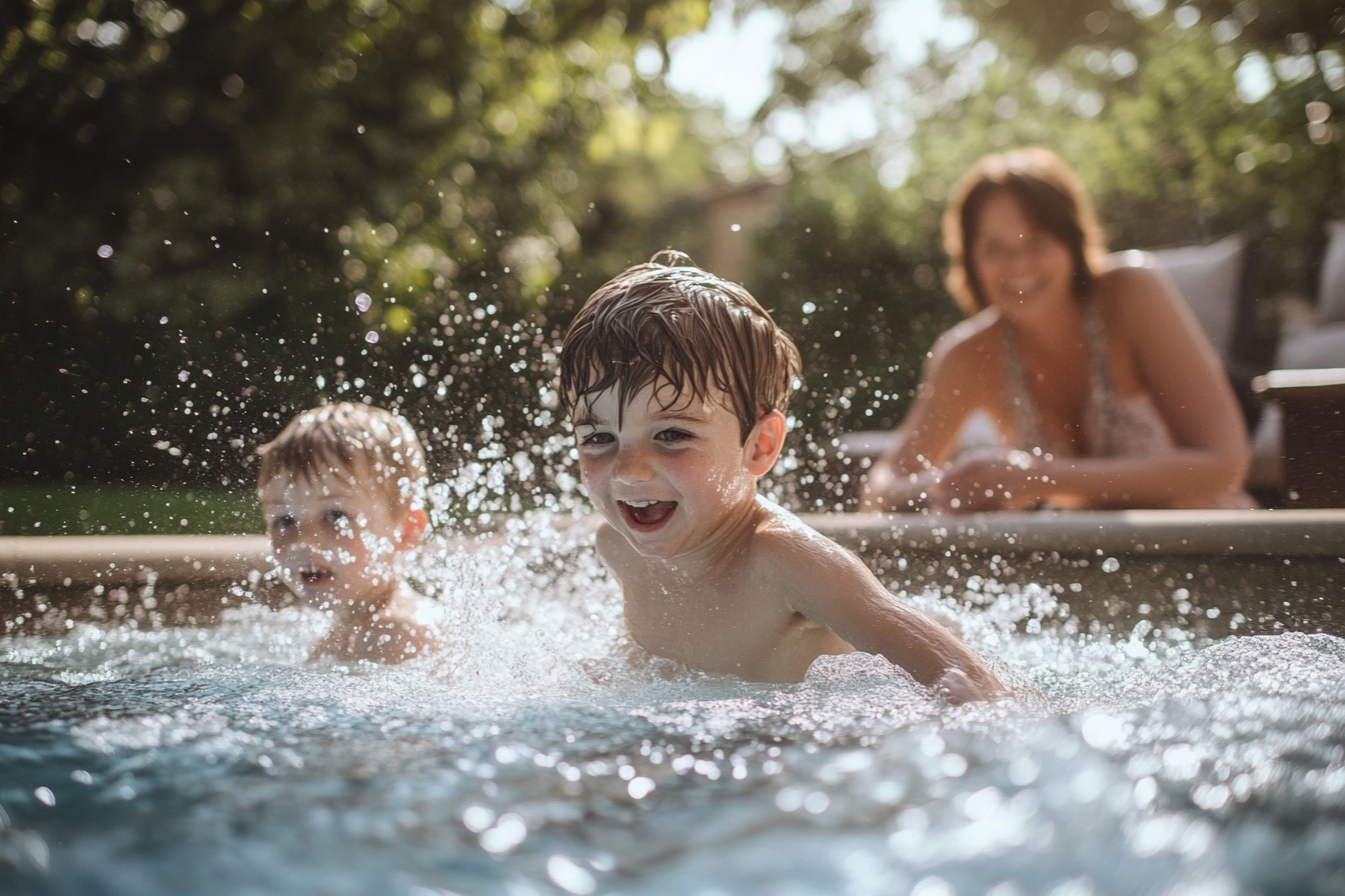 Kids splashing and playing in shallow pool water while parent watches nearby