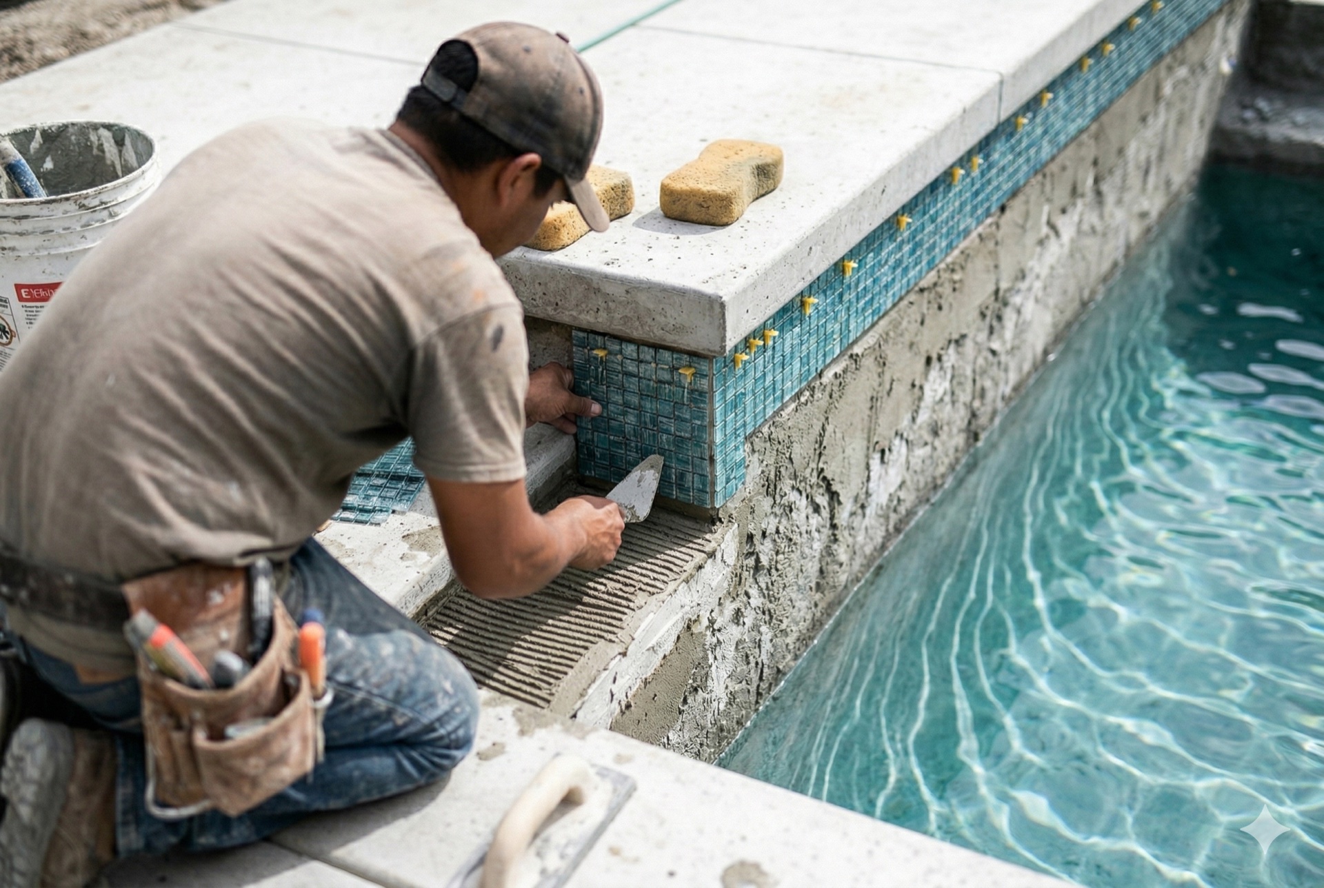 Tile installer setting glass mosaic tile along pool waterline with spacers and thin-set mortar