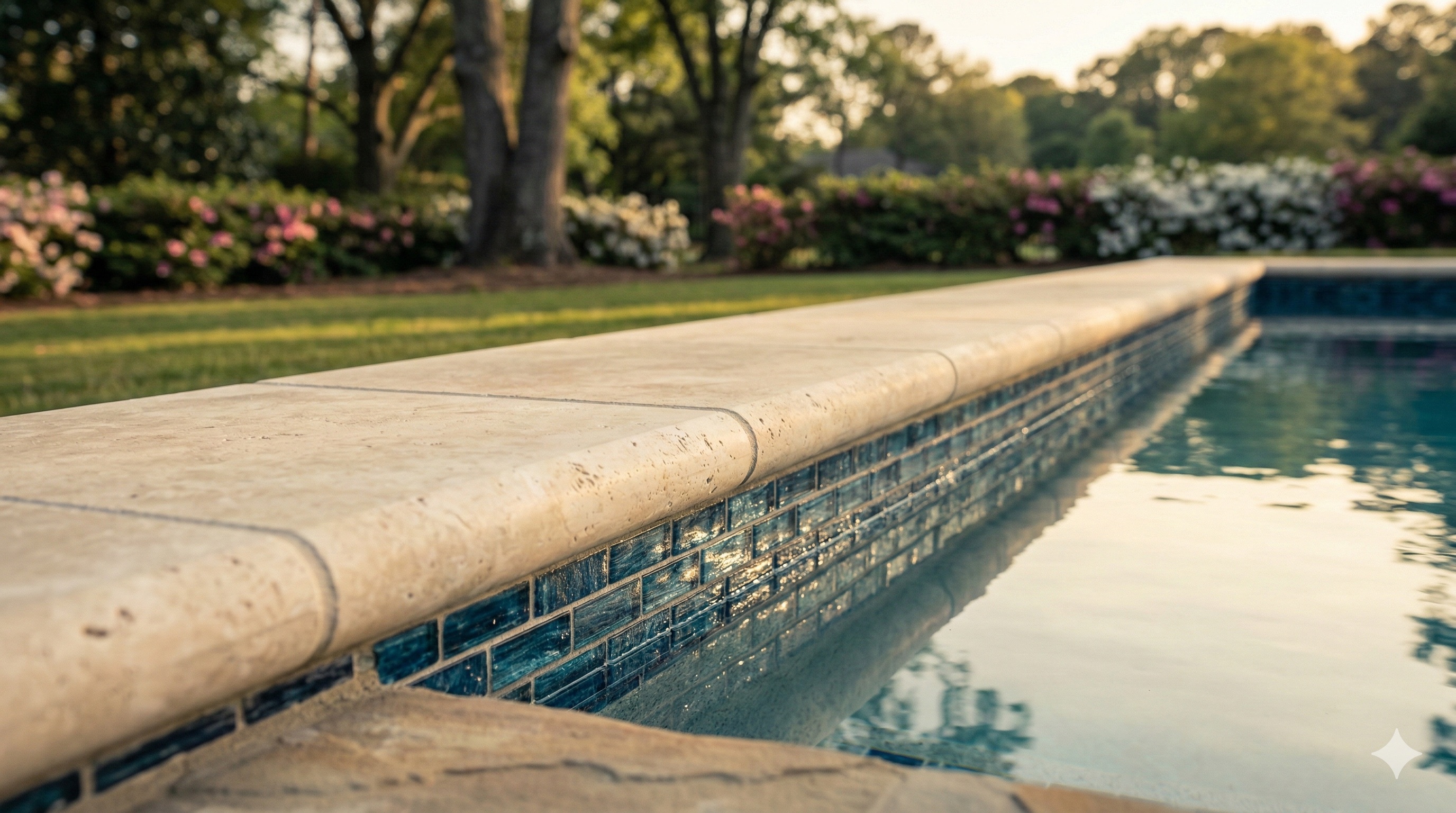 Pool coping and waterline tile detail showing finish quality on a resurfaced pool