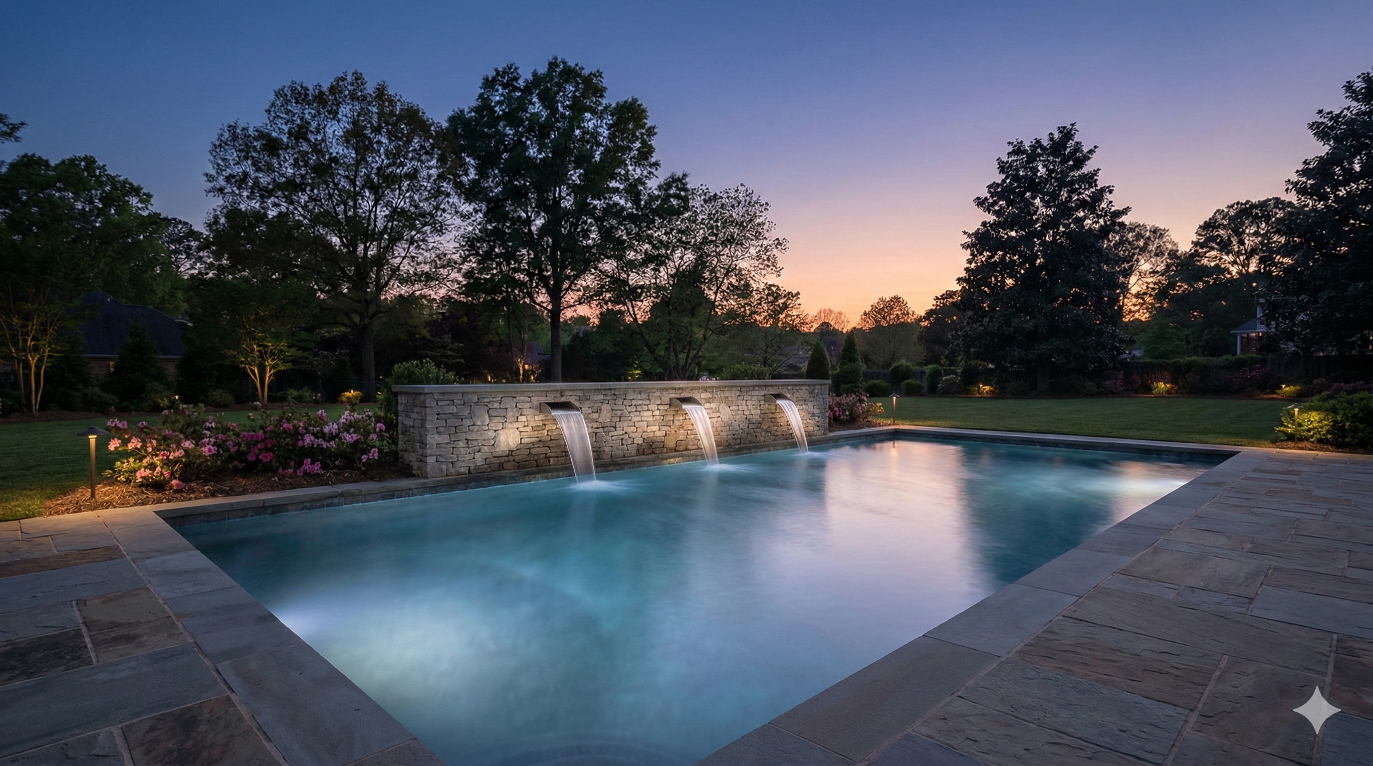 Pool with water features at dusk — the kind of photo that sells homes